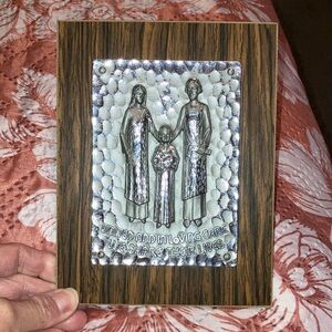 Vintage Wood Plaque With Silver Hammered Metal Religious Design Made In Germany
